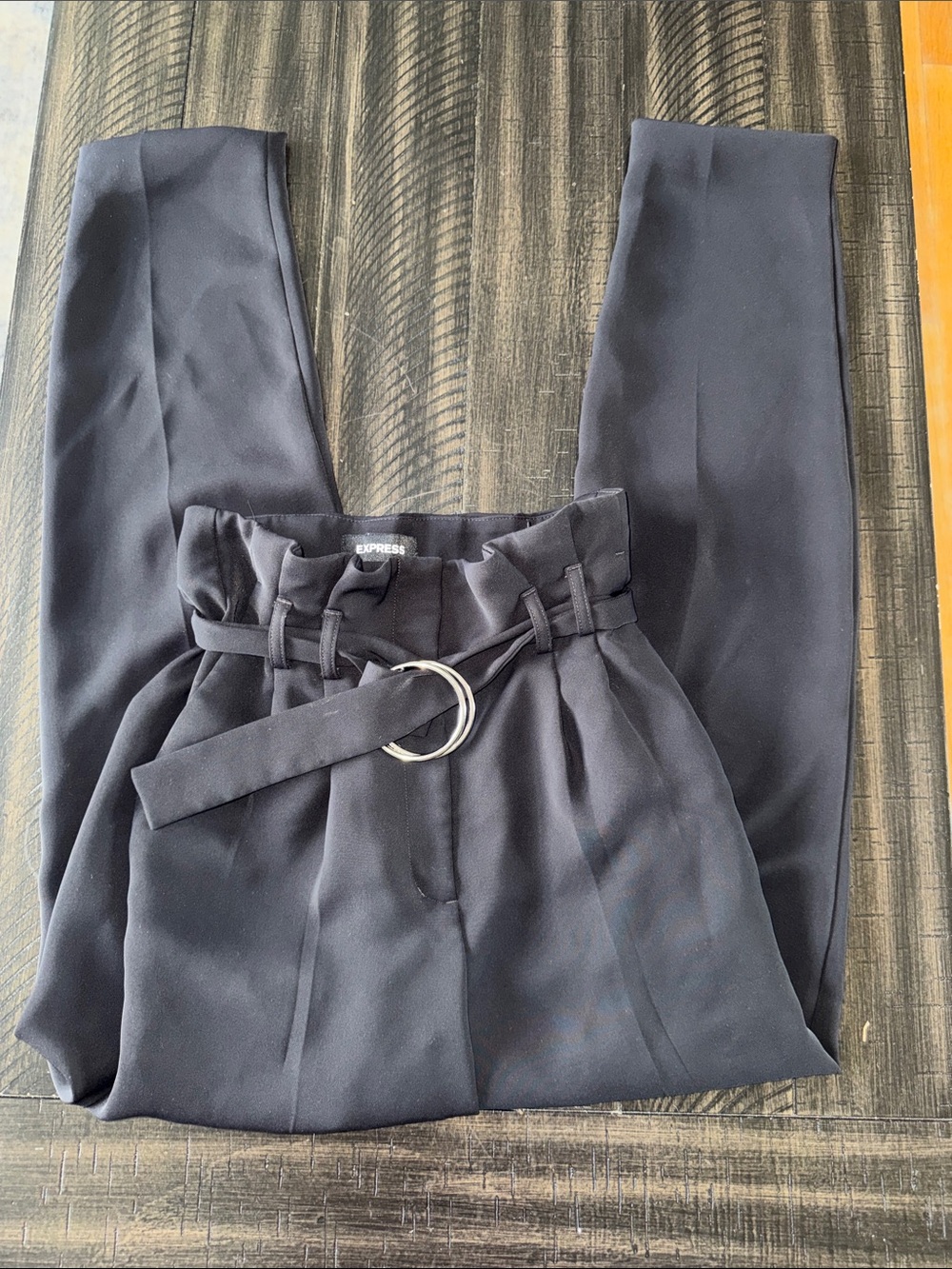 Express Navy Paperbag Waist Trousers with Ring Belt
